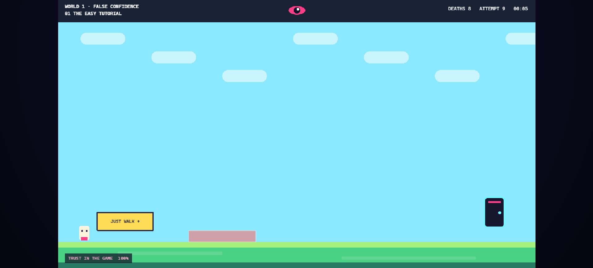 Level 1 of RAGE.exe showing the player, a suspicious platform, and the exit